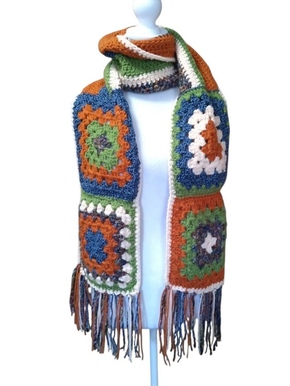 Granny Square Striped Crochet Scarf Multicolor Fringe 86" Handmade Boho Colorful